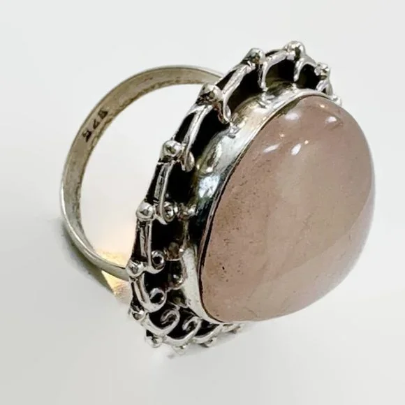 Rose Quartz Ring, Sterling Silver, Big Statement, Size 5 3/4, Vintage Ring, NOS, - Picture 6 of 6